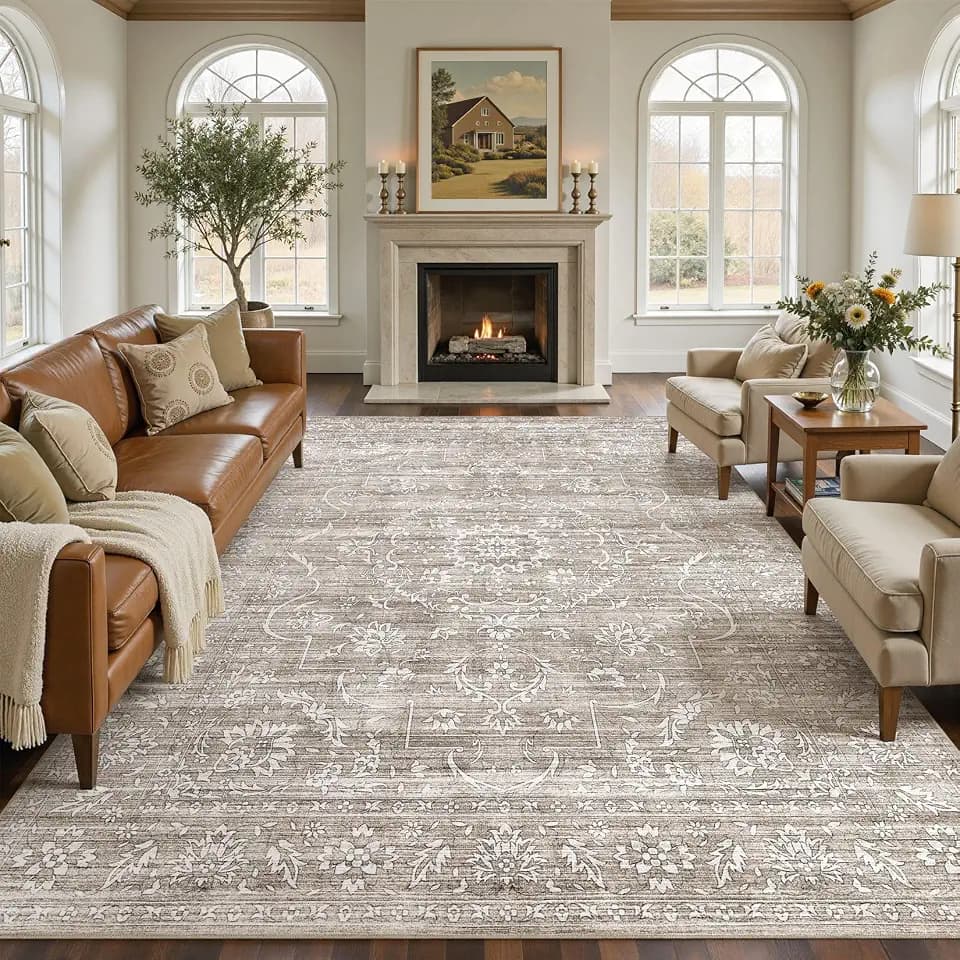 Nakagishi Neutral 9x12 Area Rugs for Living Room Washable Rug, Light Brown