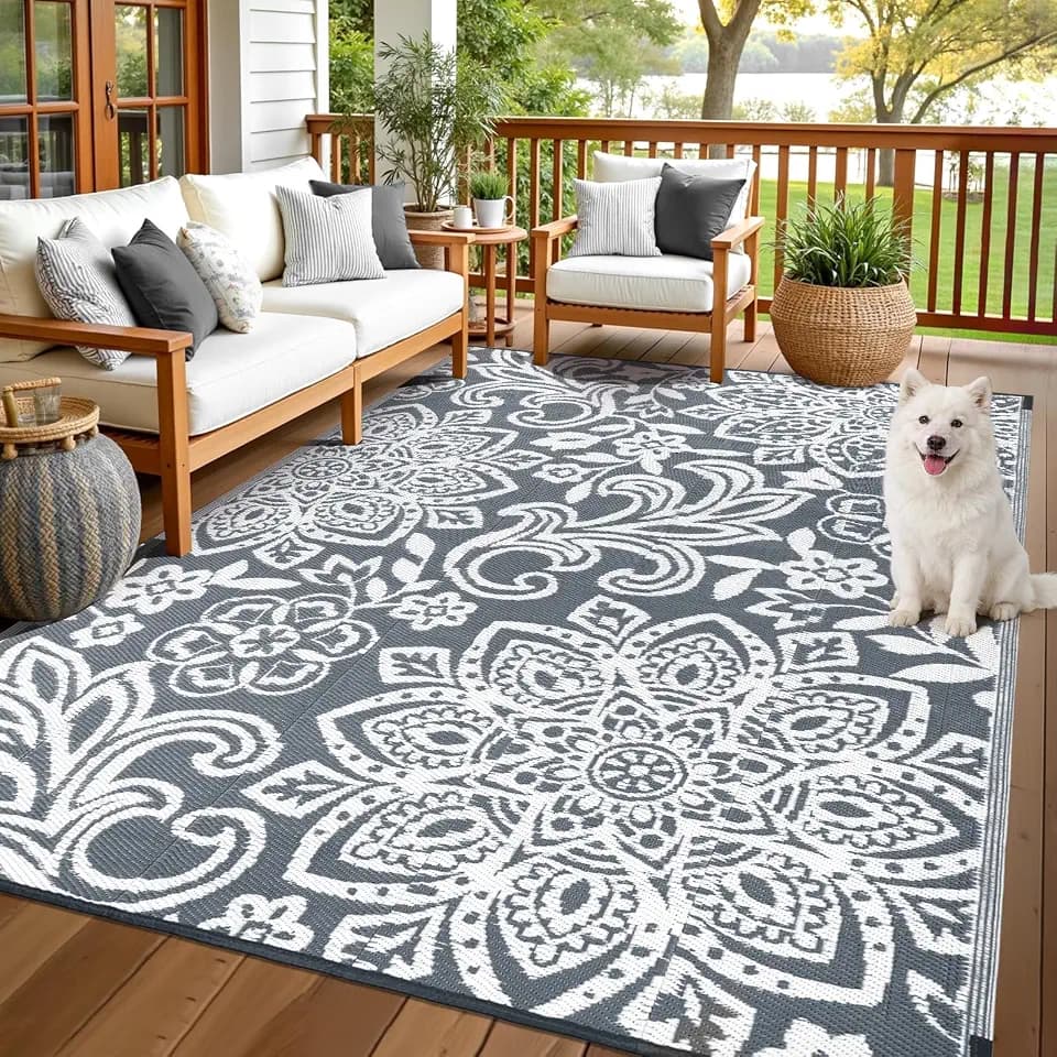 Findosom Waterproof Outdoor Rug 6' x 9' - Reversible Mandala Outdoor Plastic Straw Rug, Durable Foldable Patio Rug for RV, Deck, Balcony, Backyard, Picnic, Porch, Camping, Beach, Gray