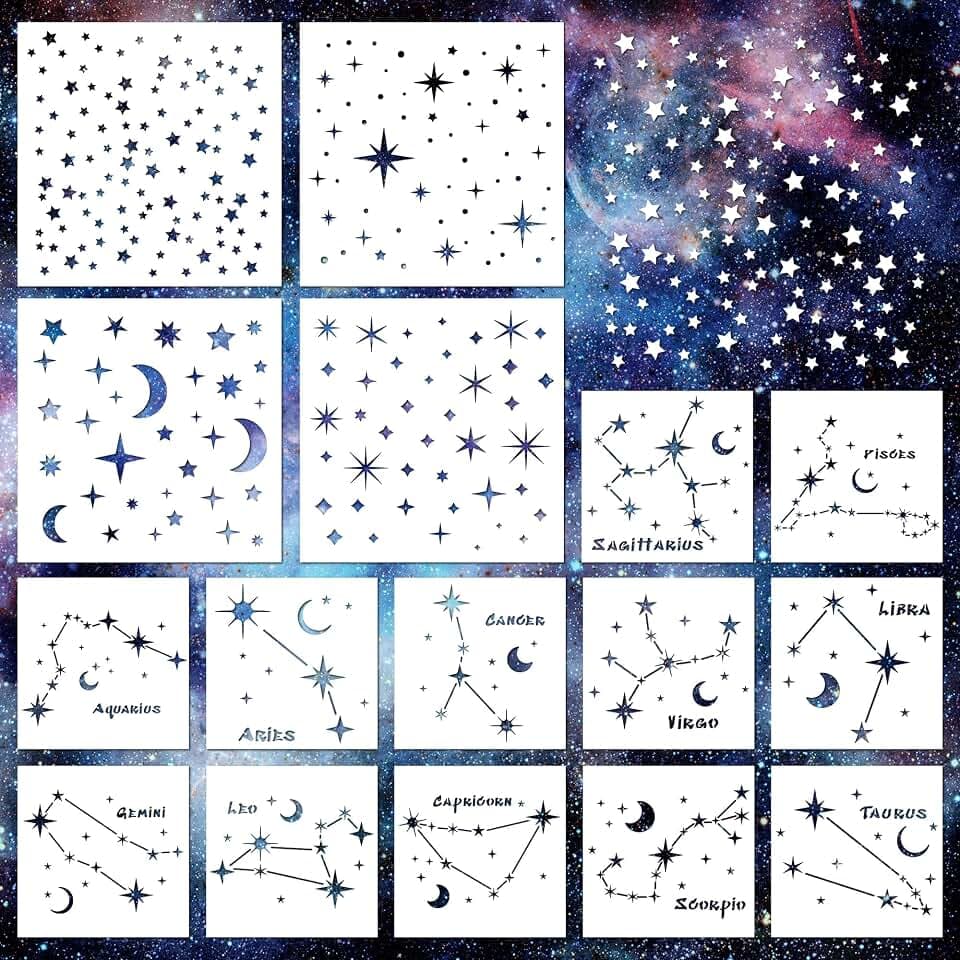 Keluna Star Stencils for Wall Decor - 16 Pcs Reusable Star Moon Zodiac Constellation Stencils for Wood, Canvas, Furniture