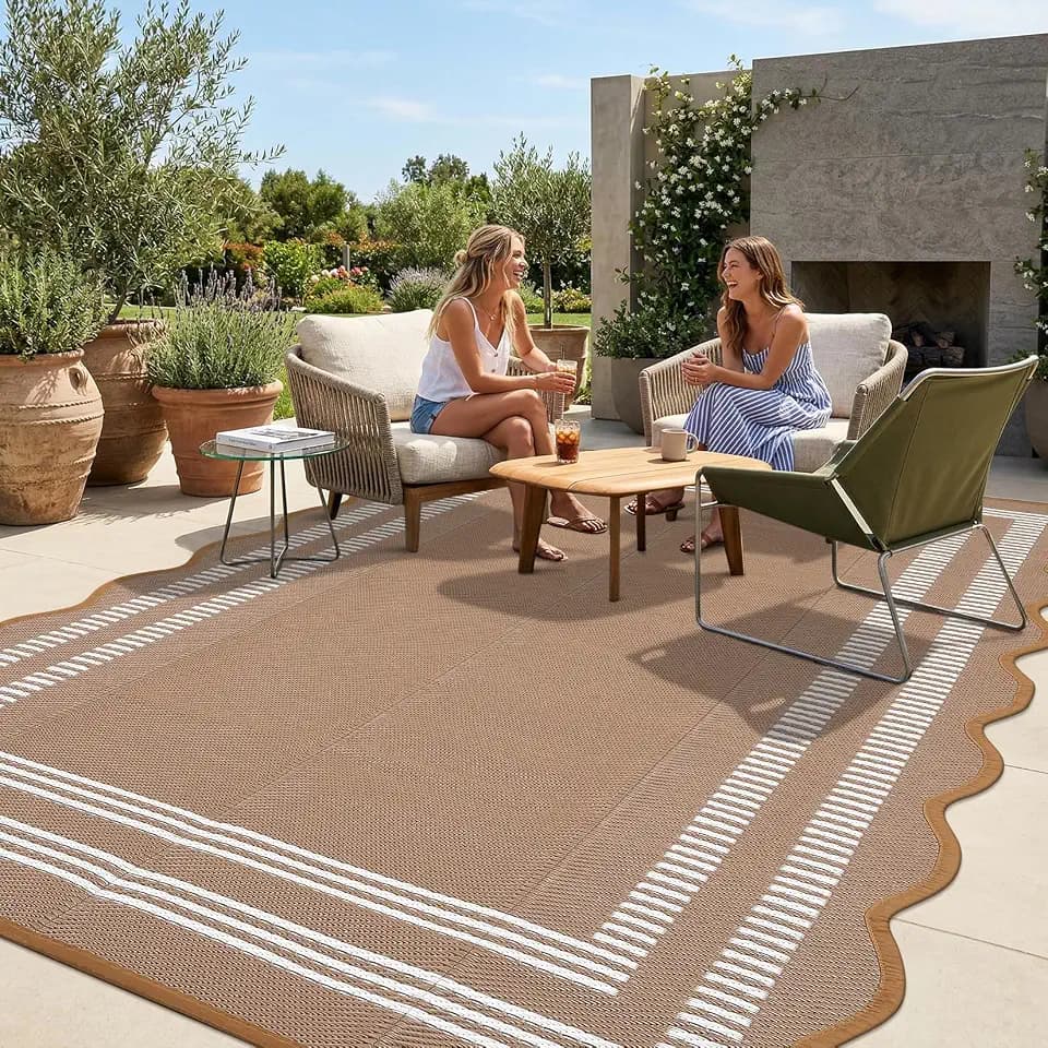 Garvee Waterproof Outdoor Rug 8x10, Scalloped Geometric Foldable Plastic Straw Patio Camping Rug, Outdoor RV Carpet for Deck Camper Porch Balcony Backyard Picnic Beach Brown and White
