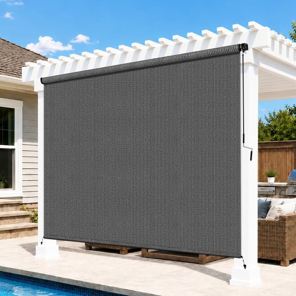 6'W x 8'H Gray Patio Shades Roll up Outdoor Roller Shade Crank Wand Blind Cordless, 90% UV Blocking & Privacy Protection for Porch|Gazebo|Pergola|Backyard (2 Splicing Tube, 1 Fabric)
