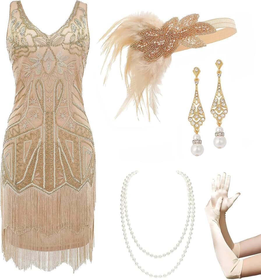BABEYOND Flapper Dress Set 1920s Fringe Gatsby Costume with Accessories