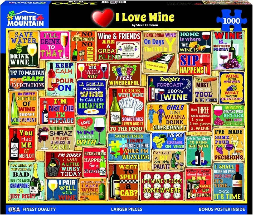 White Mountain 1000 Piece Jigsaw Puzzle Funny Sayings Collage, I Love Wine