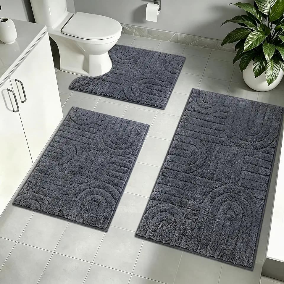 Homcomodar Badezimmerteppich Set 3 Weicher Mikrofaser Badematte rutschfest Badteppich Waschbar Badematte Wasserabsorbierend und U-Form Bad Toilette für Dusche, WC & Badewanne (Dunkelgrau)