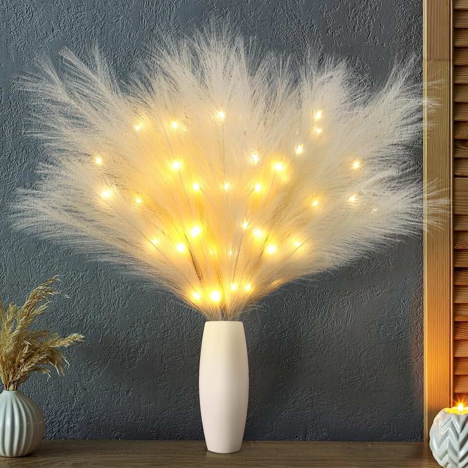 Joomer Leuchtende Pampasgras Groß mit 36 LED Lichterkette Batteriebetrieben | 70cm 3 Stück Pampasgras Künstliches Blumen Strauß Boho Home Deko für Hochzeit Wohnzimmer Schlafzimmer Tisch
