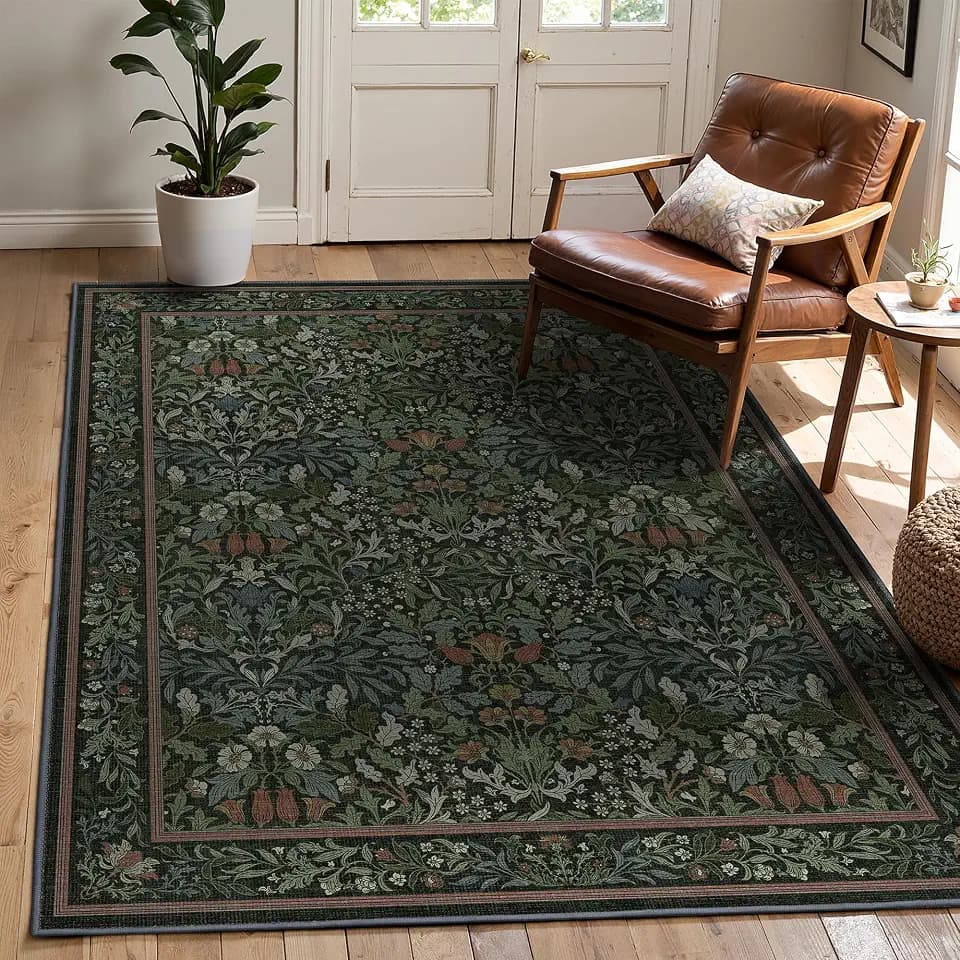 Bavni 3x5 Washable Area Rug for Living Room, Vintage Floral, Forest Green