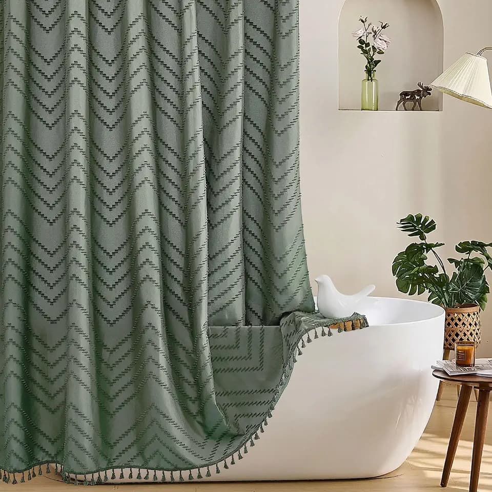 Siiluminisoy Extra Long Sage Green Boho Shower Curtain with Tassel, Woven Fabric 84 in Shower Curtain, Tufted Chevron Striped, 72 x 84, Modern Chic Textured Minimalist Bathroom Shower