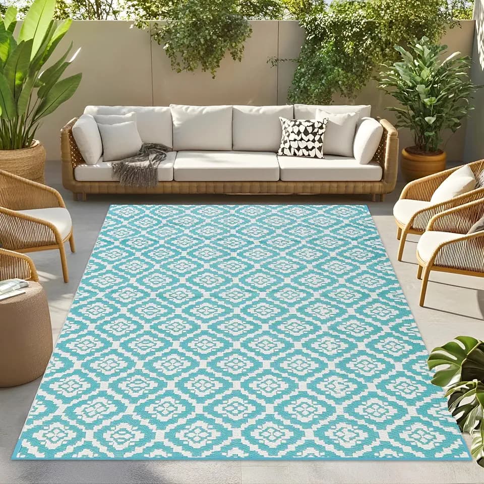 Wallona Outdoor Rug 5x8 ft, Brick Teal & White