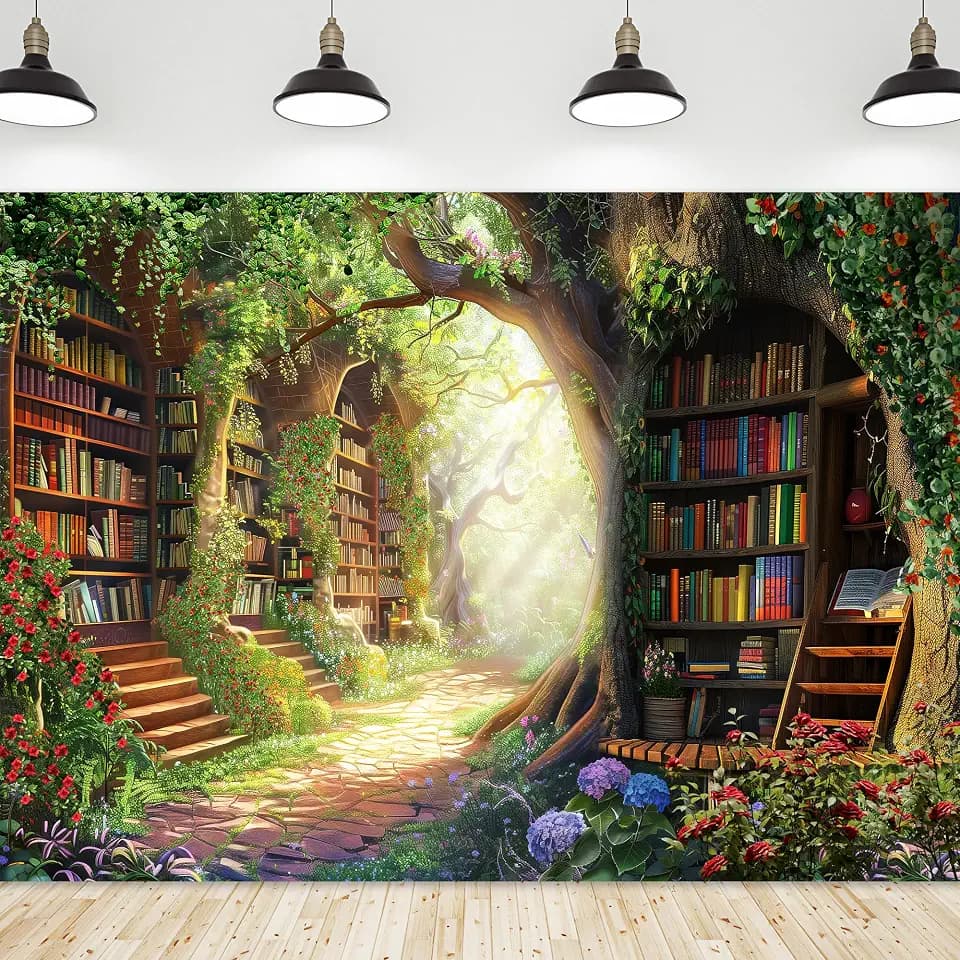 Fairy Library Enchanted Woodland Bookshelf Green Photography Backdrop