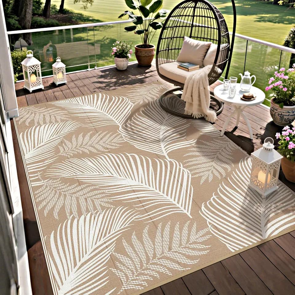 Pauwer Waterproof Outdoor Rug 6x9, Plastic Straw Patio Rug, Leaf Brown