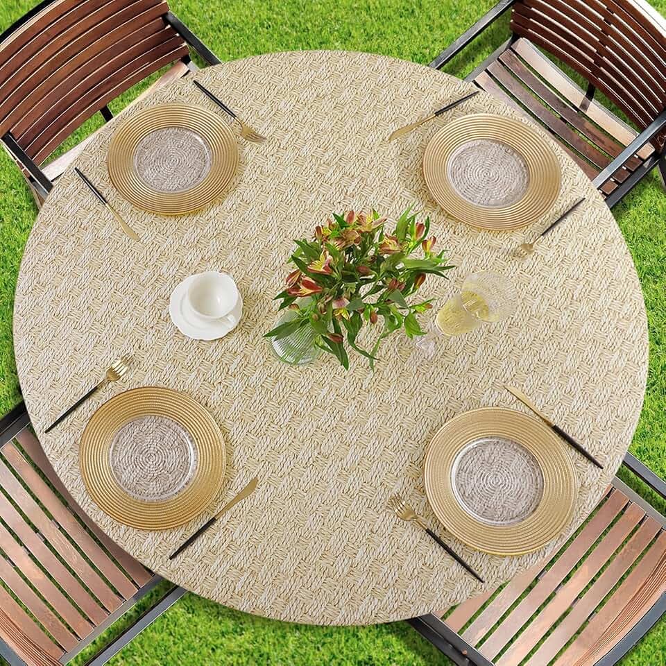 Romanstile Round Fitted Vinyl Tablecloth with Elastic Edge 100% Waterproof