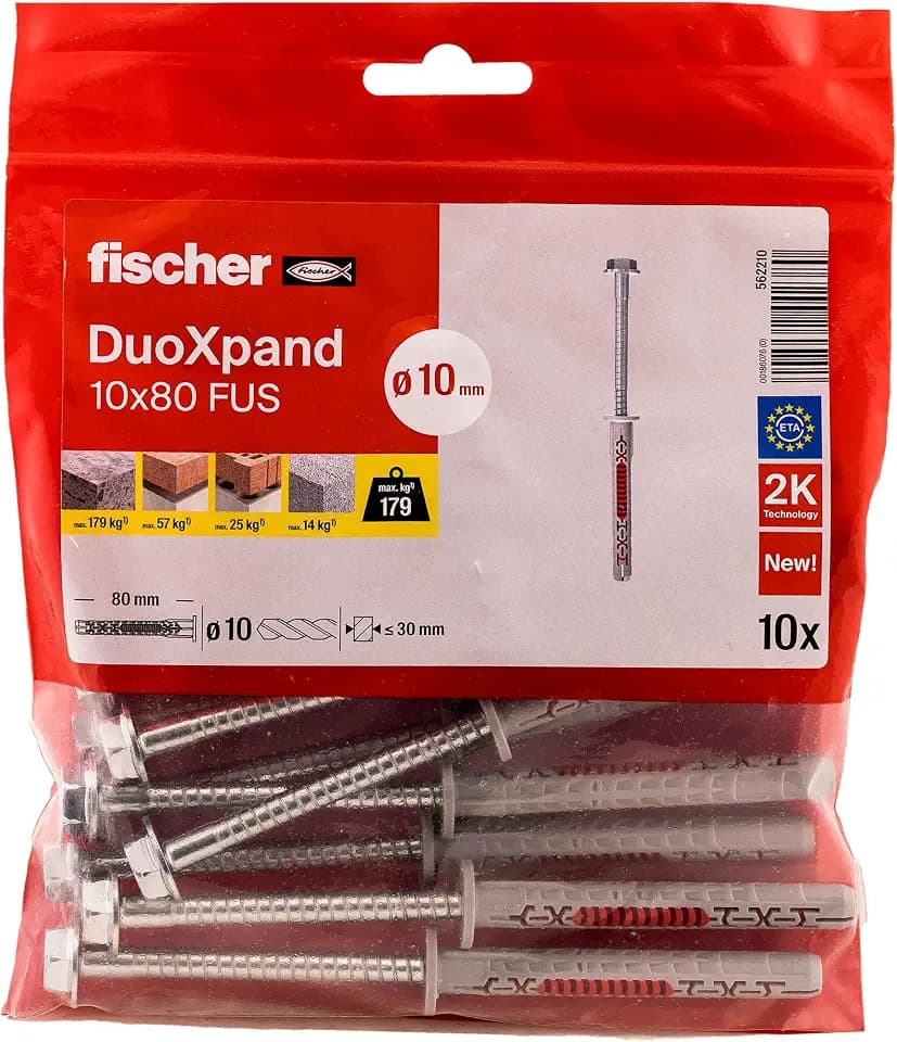 fischer DuoXpand 10 x 80 FUS, hochwertiger Universaldübel mit Sechskantschraube & angeformter U-Scheibe (10 Stk.), Dübel für starken Halt, ideal für poröse Baustoffe & randnahe Verankerungen