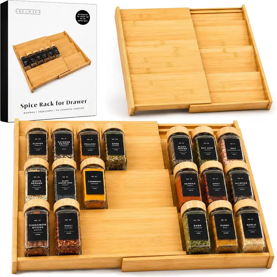 EDELHAUS Bamboo Spice Drawer Organizer, Expandable 4 Tier Spice Rack