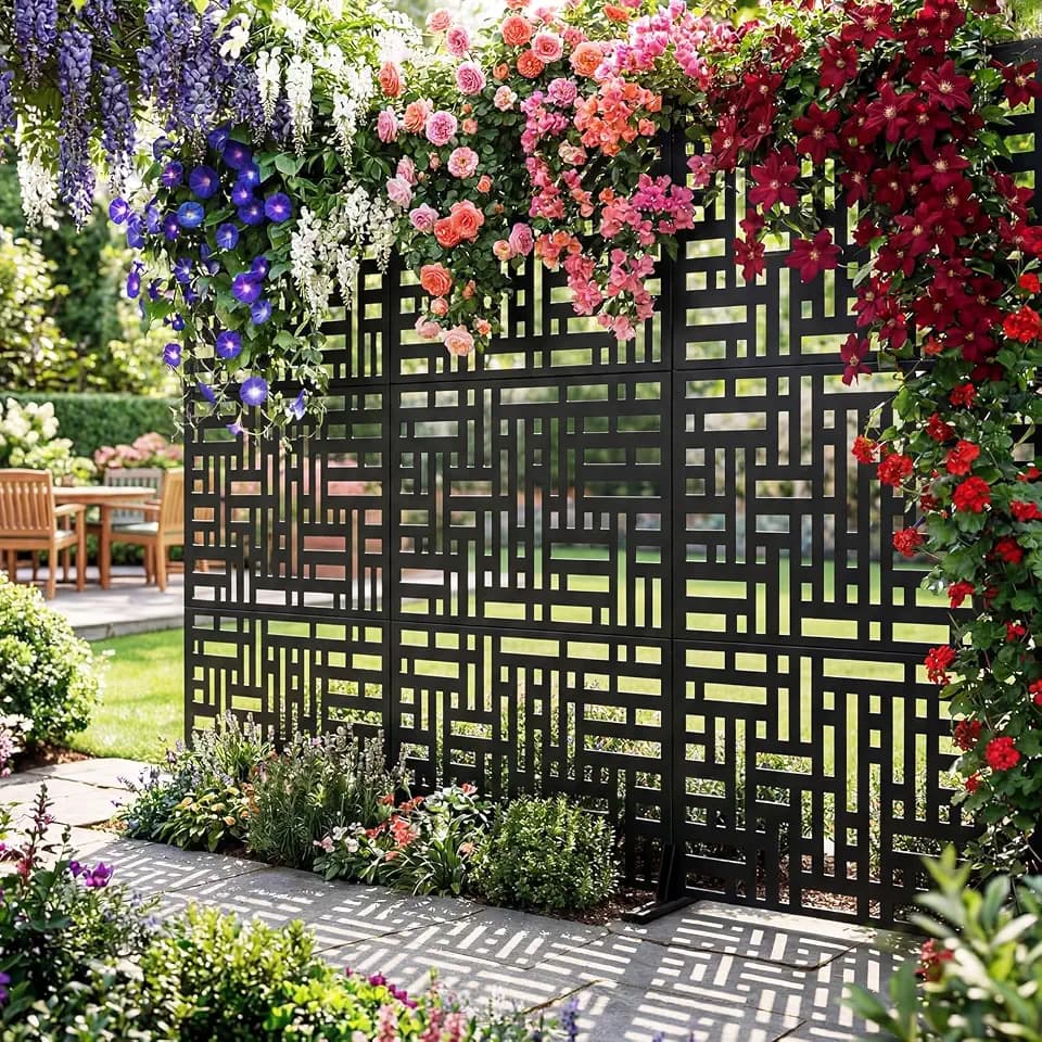 78" Tall Metal Privacy Screen, Outdoor Room Divider for Patio Backyard Balcony Anti-Tipping Kit, Weather-Resistant Steel Easy DIY Assembly Modern Geometric Design Black