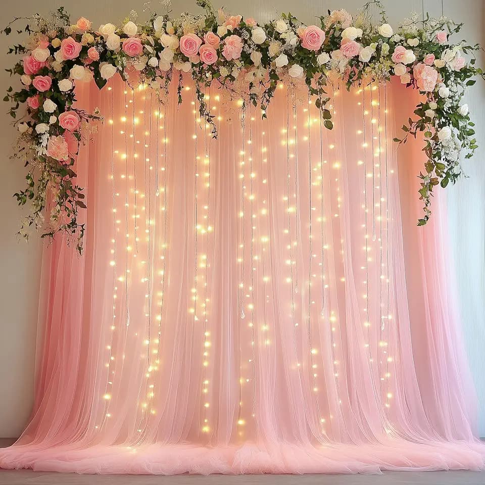 Tulle Backdrop Curtain with Lights 10x10FT Peach Sheer Curtains