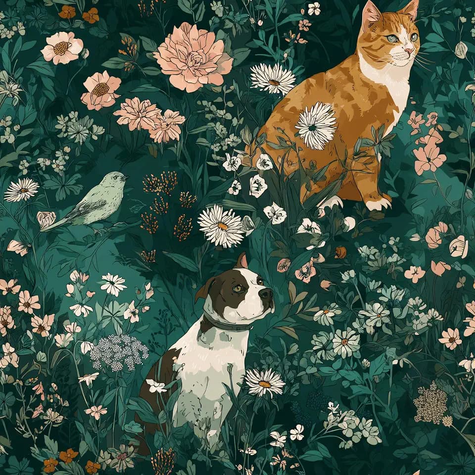 Whimsical Garden Pet Wallpaper Self Adhesive Peel and Stick Cat Dog Blush/White Wildflower Wall Paper Removable Watercolor Waterproof for Bedroom Shelf Cabinet Décor Renter Friendly 17.71"x118.1"
