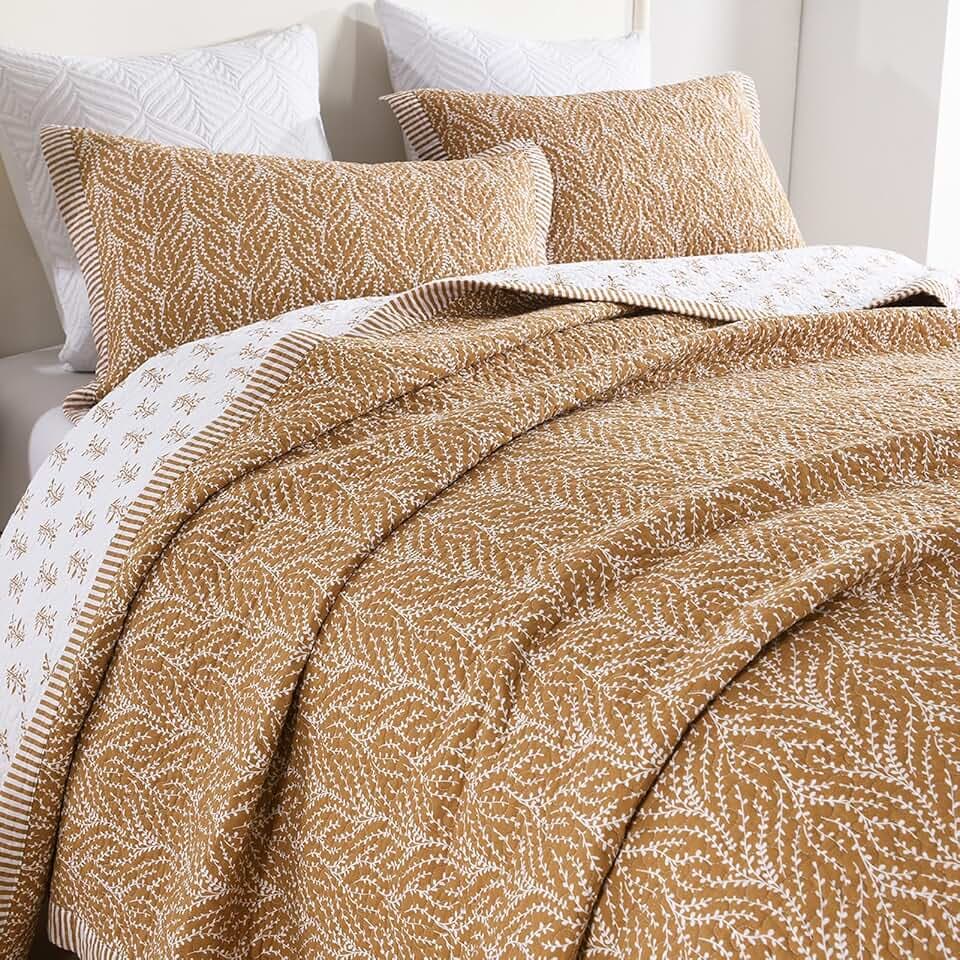 SahSahCasa Quilt Set King Size, 100% Cotton Quilt Bedding Set Bedspread, Botanical Pattern Solid Color Chic Lightweight Quilted Comforter for King Bed, White/Orange, All Season, 3 Pieces