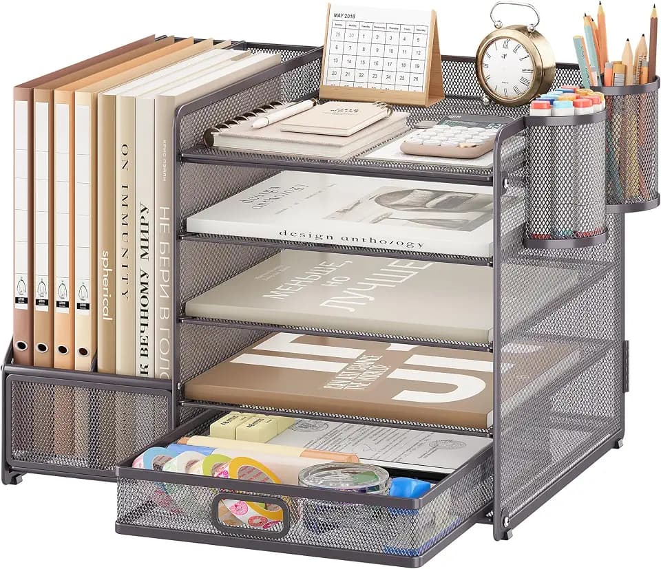 VITVITI Schreibtisch Organizer, 5 Ebenen Briefablage mit Schubladen, Aktenhalter mit 2 Stiftehalter, Büro Organizer mit Stehsammlere, Bürobedarf für A4 Dokumentenablag (Grau)