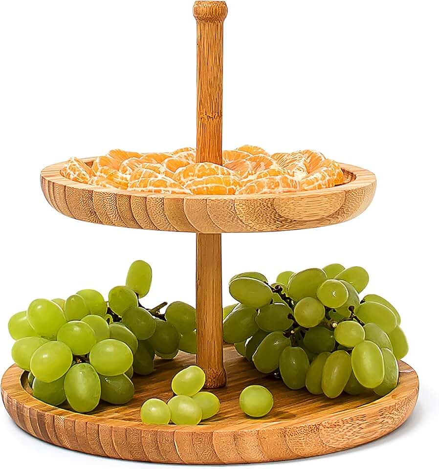 Relaxdays Etagere Bambus H: 25 cm D: 25 cm 2-stöckige Obstetagere aus Holz mit 2 runden Schalen zur Ablage von Gebäck, Kekse, Party-Snacks, Nüsse, Süßigkeiten als Obstteller und Servierplatte, natur