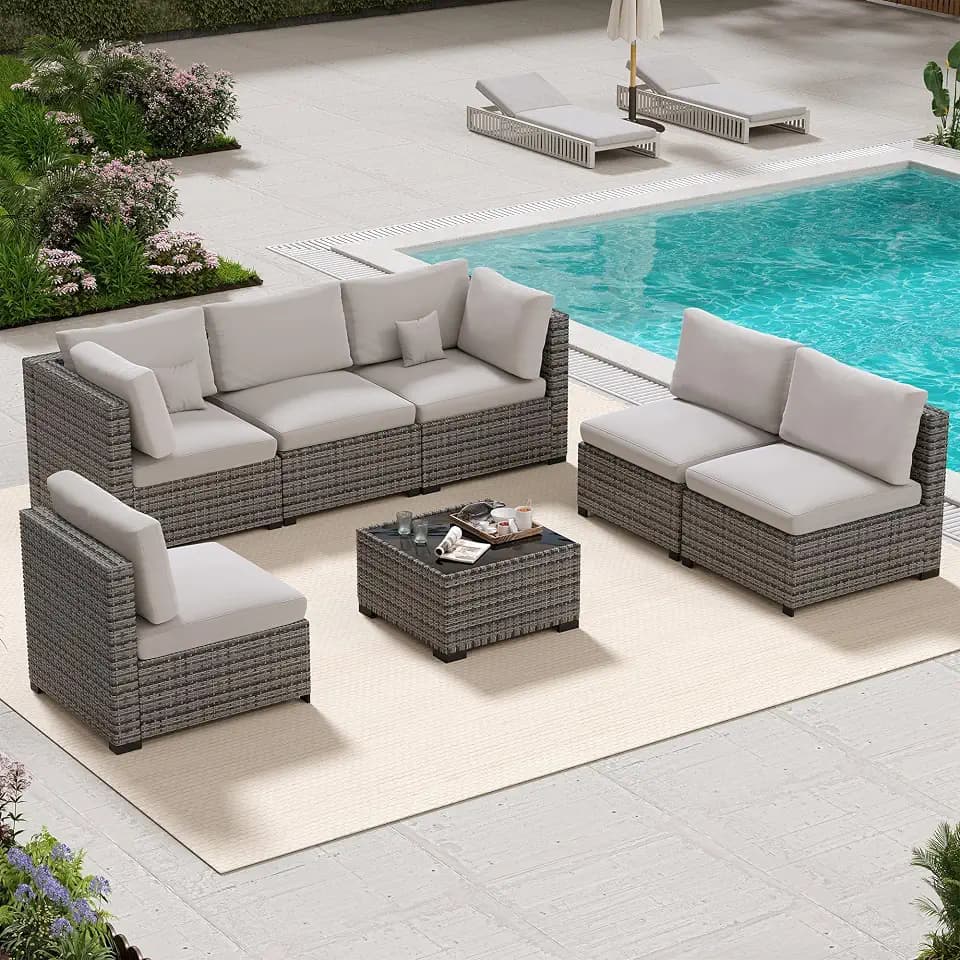 LHBcraft 7 Piece Patio Outdoor Furniture Set, All-Weather Wicker Outdoor Sectional Patio Sofa, Outside Furniture with Grey Cushion and Glass Coffee Table