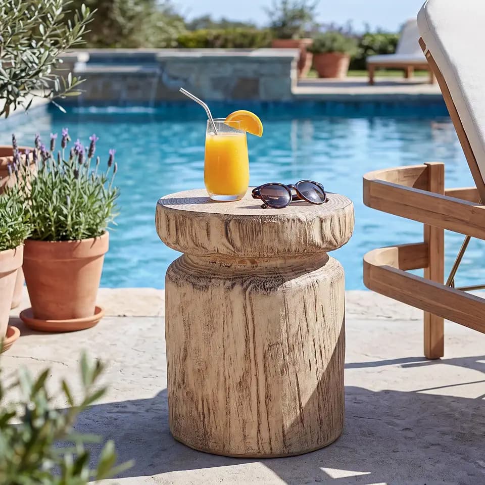 Christopher Knight Home Pawn 17" H MGO Outdoor Side Table with Tree-Stump Design, Patio Decorative Wood-Like Texture End Table, Round Top Lightweight Concrete Garden Stool, No Assembly, Natural