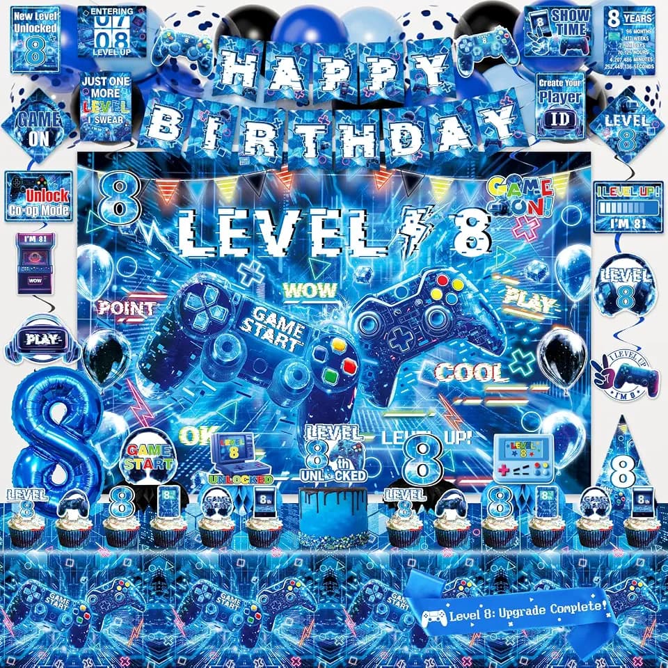 Gamer 8th Birthday Decorations for Boys, Blue Video Game Level 8 Bday Party Decor Supplies for 8 Years Old Boy with Backdrop, Banner, Tablecloth, Centerpieces, Hanging Swirls, Hat, Wall Signs