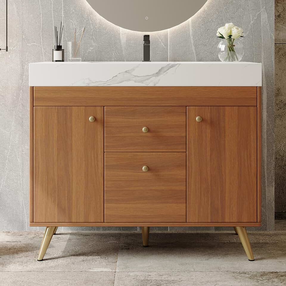GDFStudio 36" Modern Bathroom Vanity with Sink, Freestanding Cabinet with Sintered Stone Top, Ceramic Basin, Double Side Cabinets & Center Drawers, Stainless Steel Legs, Storage Vanity, Walnut,White