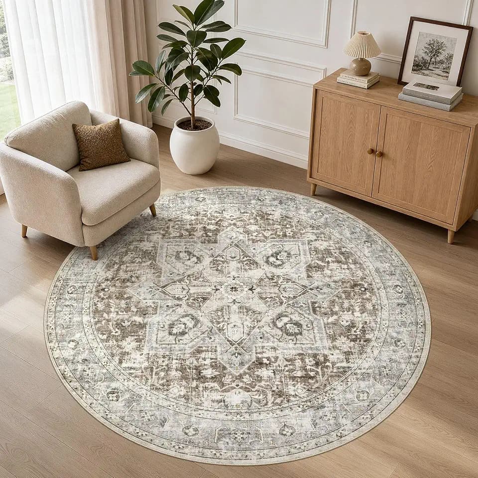 Tortania 6' Round Area Rug Living Room Rugs - Washable Boho Rug Vintage Oriental Distressed Farmhouse Large Thin Indoor Carpet for Bedroom Under Dining Table Home Office - Brown Blue