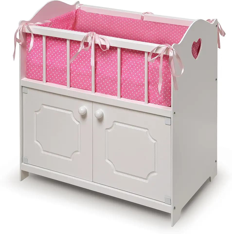 Badger Basket Wooden Baby Doll Crib with Storage, Bedding & Blanket - White
