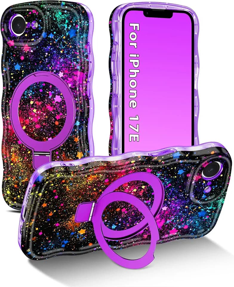 Meshine for iPhone 17e Case/iPhone 16e Case with Magnetic Stand,[Compatible with MagSafe] Wave Frame Cute Flower Design Shockproof Drop Protective Women Girls Cover for iPhone 17e,Purple Black