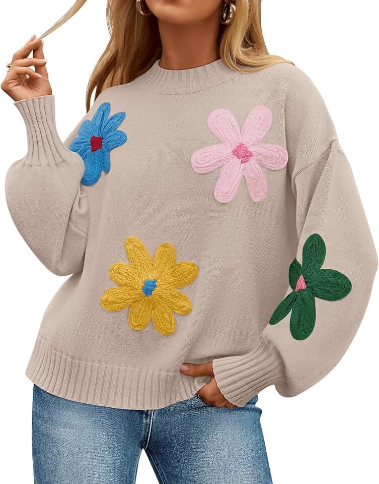 ZESICA Womens Fall Winter Floral Sweaters Cute Knit Pullover Tops