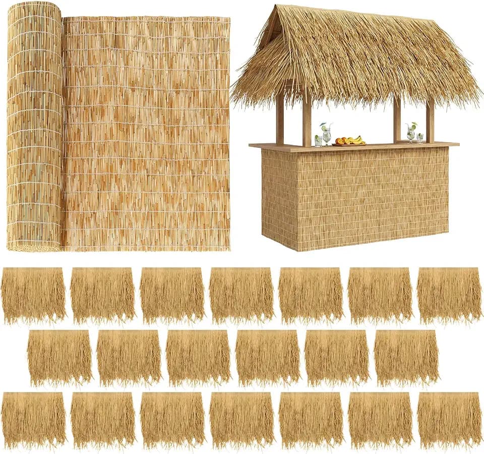Novabright 20 Pcs 20'' x 18.5'' Artificial Straw Roof Thatch Rolls and 3.3 ft x 20 ft Natural Reed Fence Mexican for Backyard Privacy Screen Tiki Hut Roof Cover Patio Balcony Poolside Decor