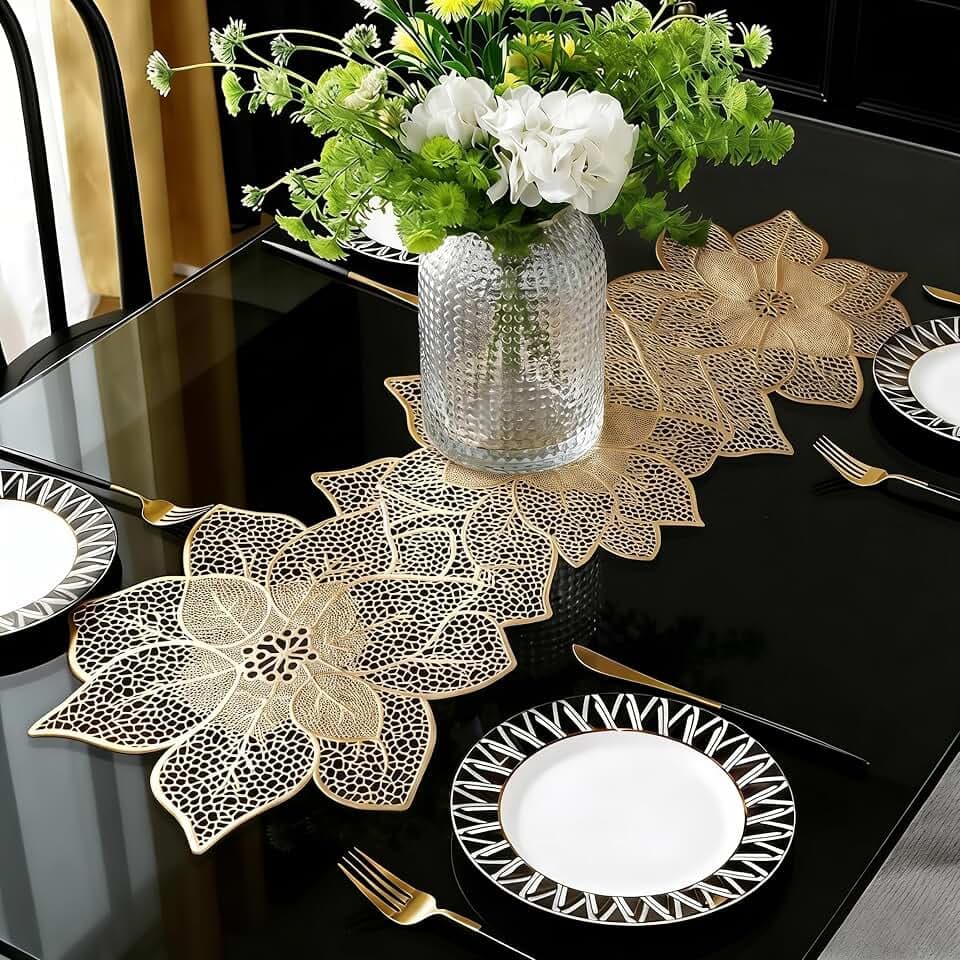 FAVE Gold Table Runner 36 Inches Flower Shaped Dining Table Runner