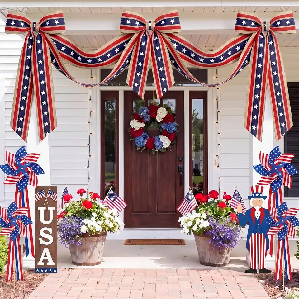 6.57 ft Patriotic 4th of July Decoration Patriotic Flag Bunting Red White Blue Bows Banner 4th of July Ribbon Bunting for Independence Memorial 250th Anniversary Porch Garden Indoor Outdoor Decor