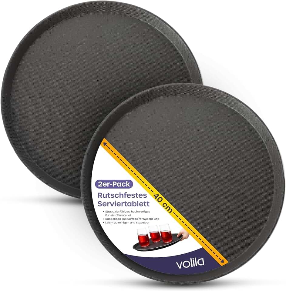 volila Schwarzes Rundtablett - 40cm (2er Pack) Gummiertes rutschfestes Serviertablett für Speisen und Getränke - Spülmaschinenfestes rundes Serviertablett für Partys, Zuhause, Bars & Restaurants