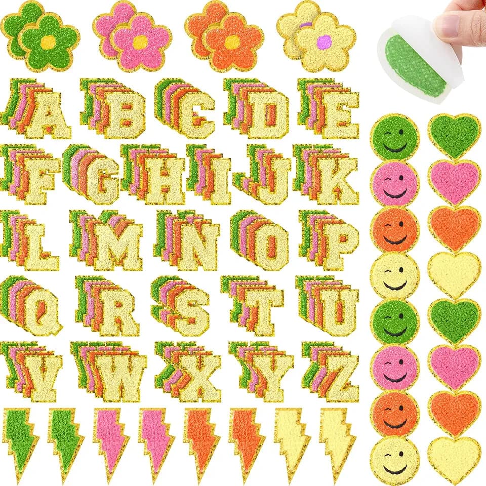 Hanaive 136 Pcs Chenille Letter Patches Self Adhesive, Cute Style, Neon
