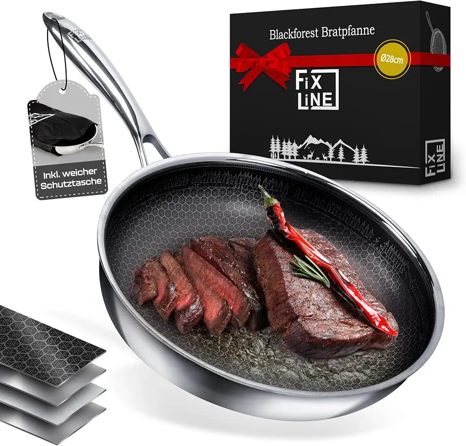 FIXLINE® Black Forest Bratpfanne 28cm - kratzfeste Antihaftbeschichtung ohne PFAS- hoher Rand 6,5cm - alle Herdarten inkl. Induktion - Backofen geeignet bis 230°C - Perfekte Geschenkidee