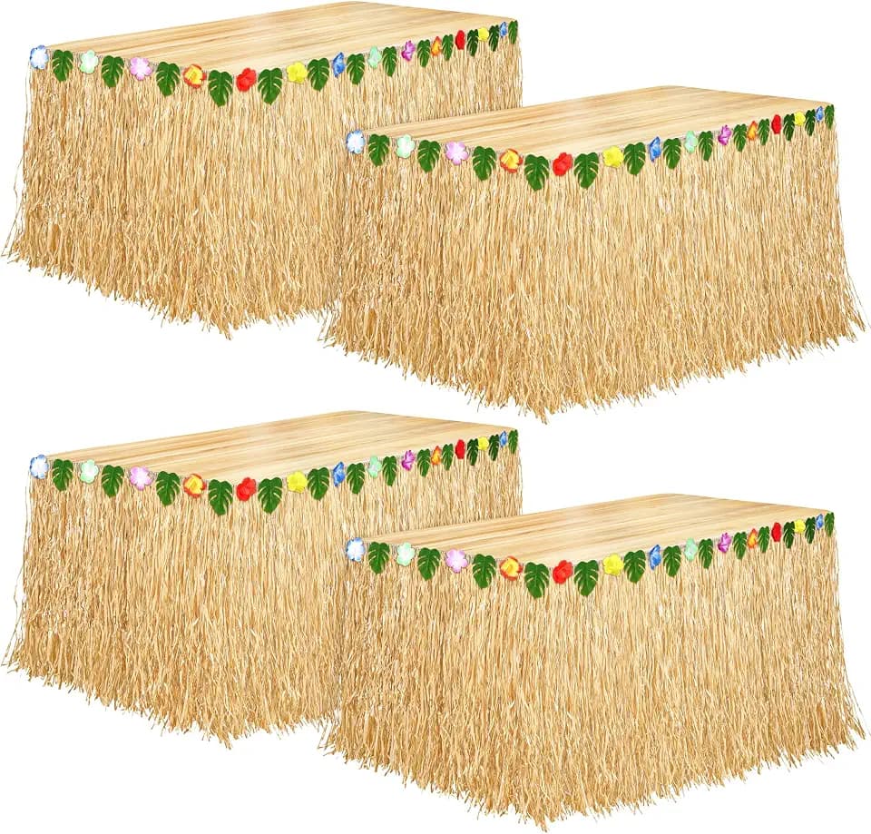Aodaer 4 Pack Grass Table Skirt Hawaiian 108 x 30 Inch Straw Luau Table Skirt Hawaiian-themed Party Decoration for Tropical Hawaii, Summer Theme Decorations Supplies