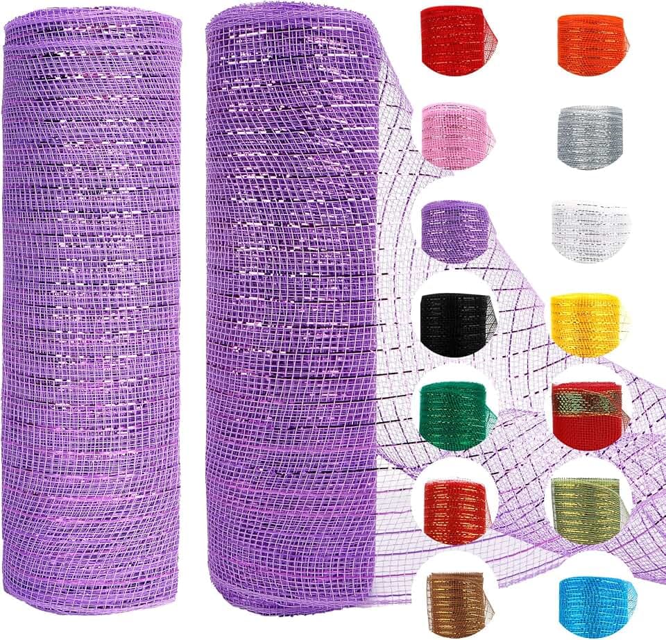 2 Rolls Purple Deco Mesh Ribbon for Wreath Making Supplies, Halloween Decor 10inch x 30 feet Each Roll Metallic Foil for Fall Wreaths Christmas Tree Ribbon Home Party Decor