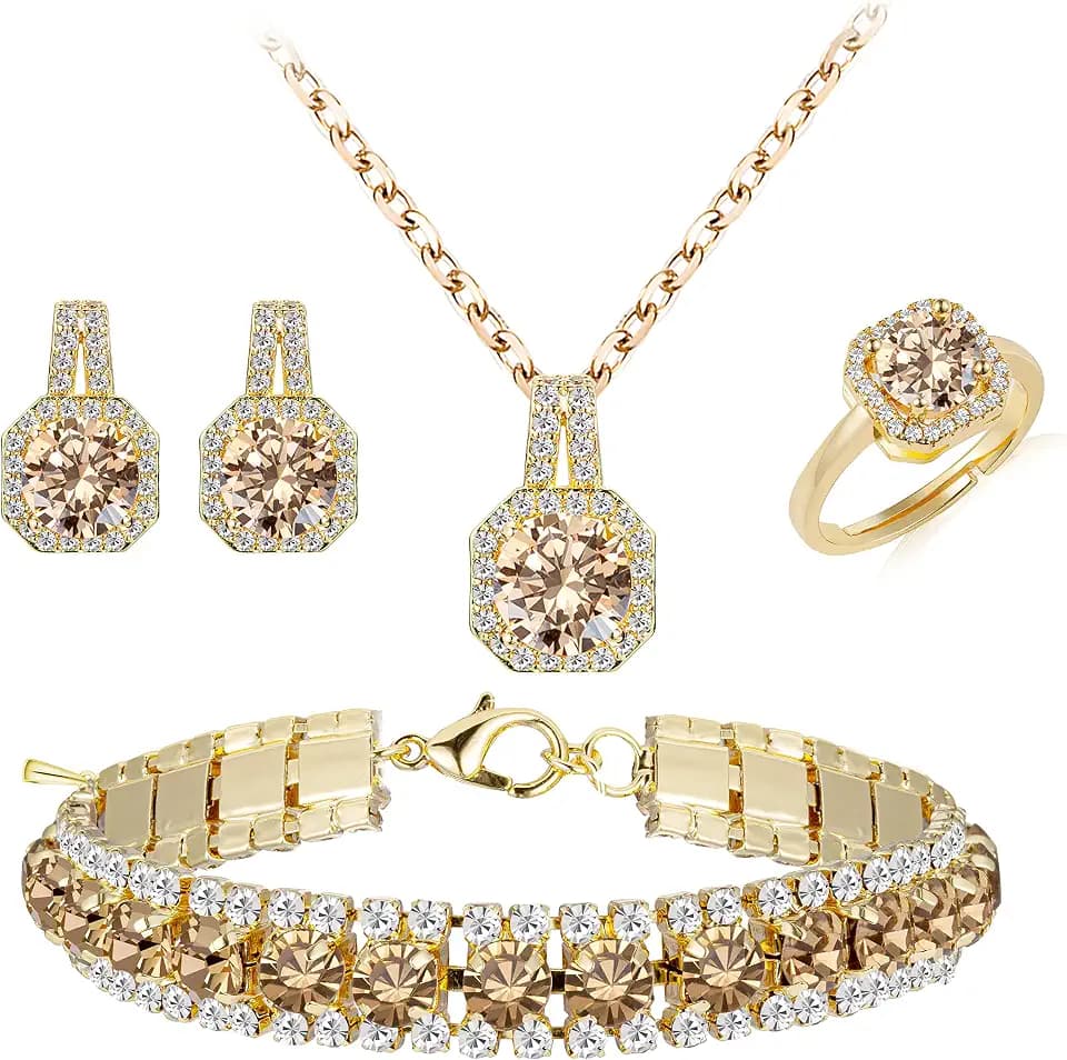 Paxuan 4pcs Cubic Zirconia Wedding Jewelry Sets for Bride Bridesmaid Cubic Zirconia Pendant Necklace Earrings Link Tennis Bracelet Open Ring Set for Women