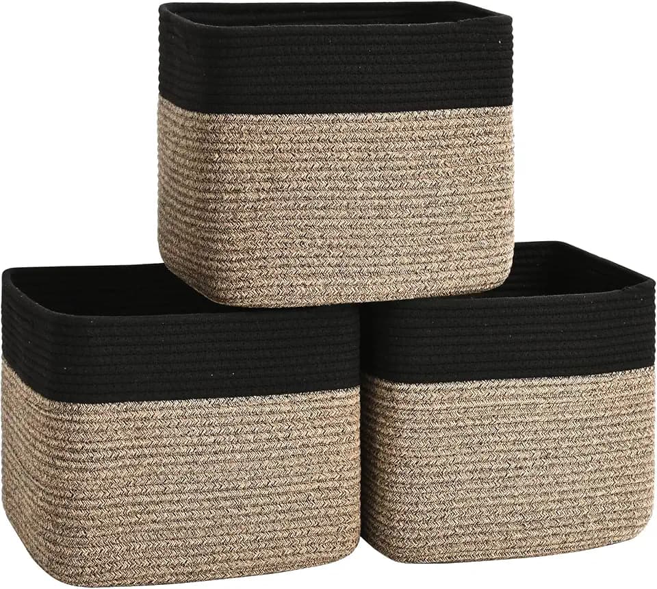 3 Pack Cube Storage Bin, 12”x12”x10” Cotton Rope Woven Baskets for Organizing Toys Clothes Towels, Square Gift Storage Baskets for Shelves, Nursery, Closet, Bathroom, Pantry (Black & Brown)