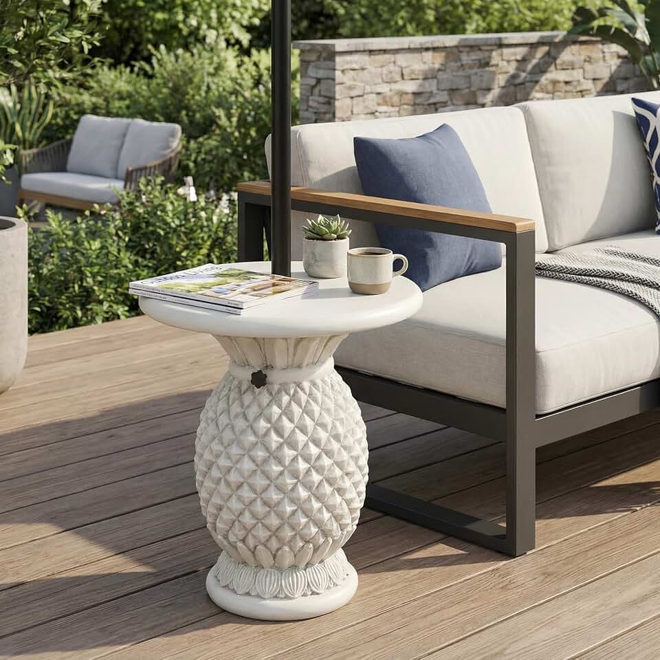 Christopher Knight Home Ogla 24'' MGO Outdoor Patio Side Table Umbrella Base, Patio Umbrella Stand Outdoor Base with Hand-Turn Tightening Knob, Pineapple-Shaped Patio Coffee Table, Antique White