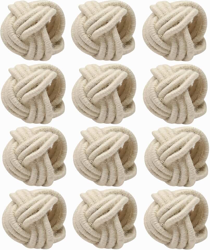 Alpha Living Home Jute Napkin Rings, Woven Boho Set of 12, Off White
