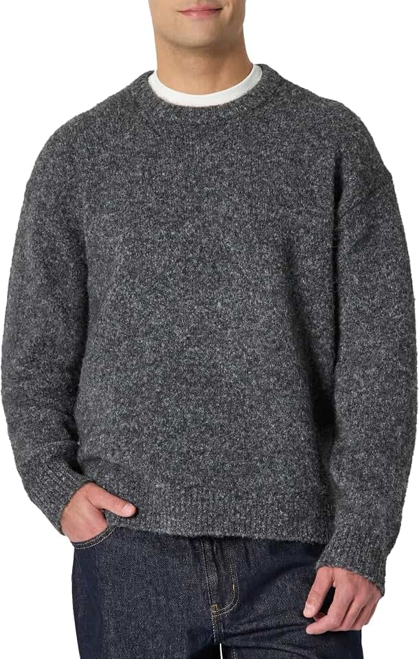 Amazon Essentials Men's Relaxed-Fit Faux Mohair Crewneck Pullover Sweater, Ribbed, Wool Blend, Heavyweight