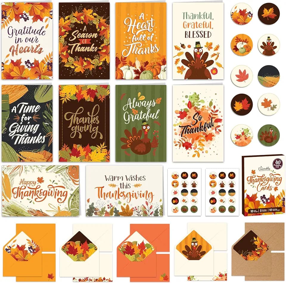 Decorably 40 Pack Happy Thanksgiving Cards with Envelopes, 10 Card Designs