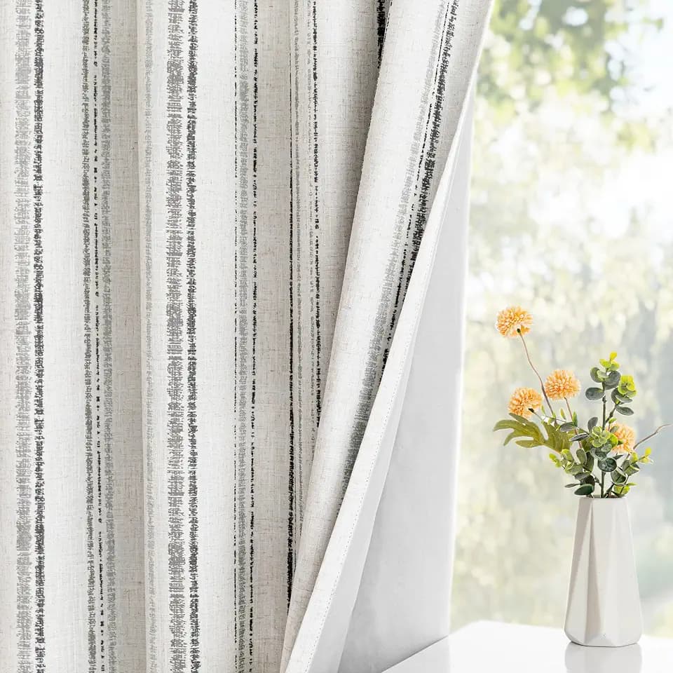 MYSKY HOME Grey Striped Curtains 100% Blackout 84 Inches Long Gray Ticking Stripe Pinstripe Patterned Farmhouse Rustic Linen Blend Double Layer Drapes for Bedroom, Grommet, 2 Panels, 52" Wide