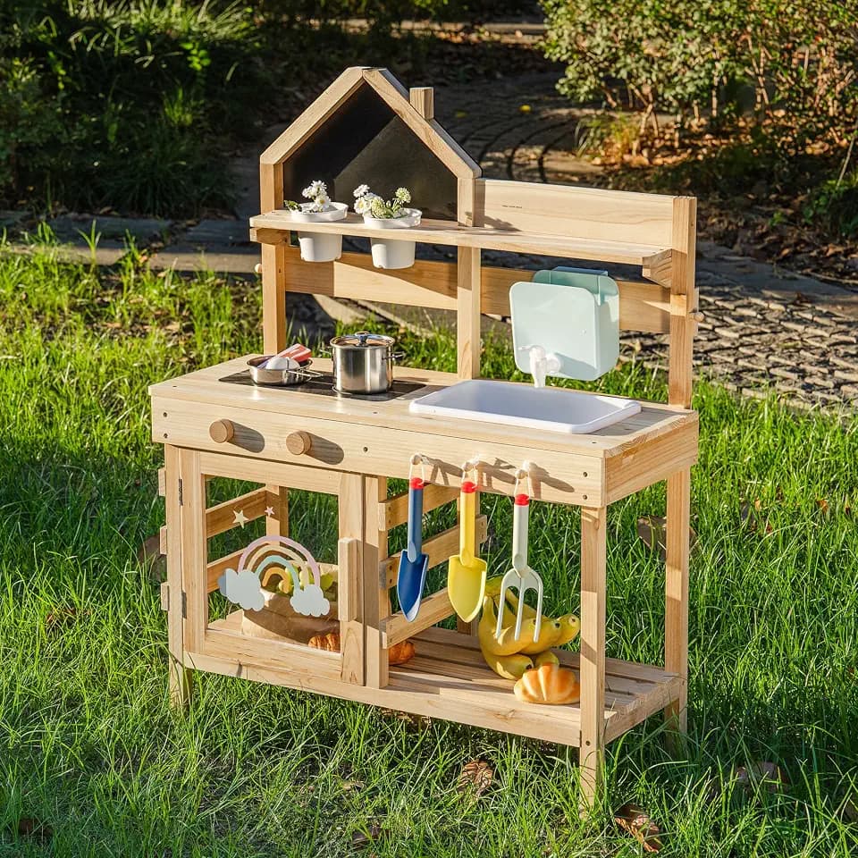 ROBOTIME Kinder Matschküche aus Holz mit Spüle, Tafel, Herd, Wasserhahn, Kochgeschirr & Stauraum – Outdoor Spielküche für Jungen & Mädchen ab 3 Jahren