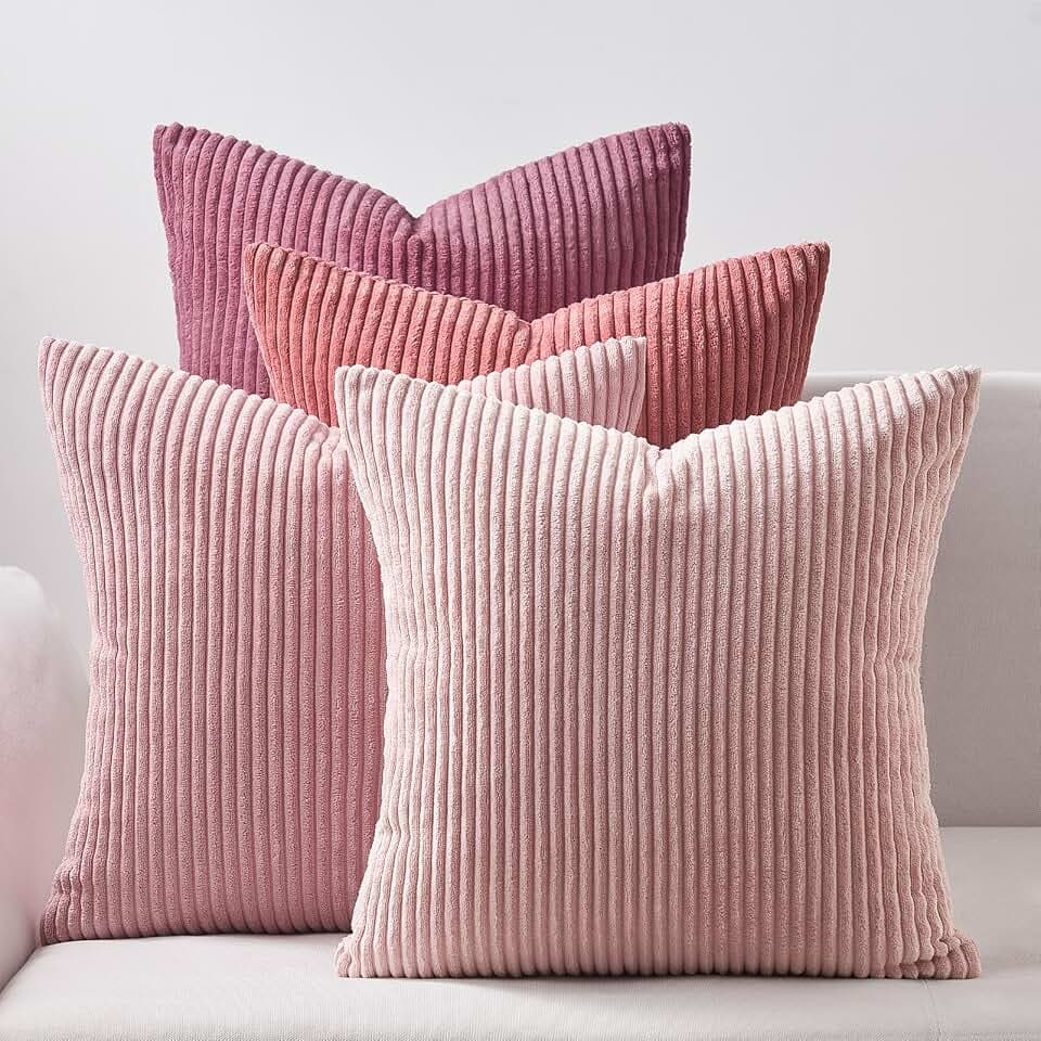 Topfinel Pink Throw Pillow Covers 16x16 Inch Set of 4,Soft Farmhouse Corduroy Decorative Cushion Cover,Square Cute Pillow Case for Gril's Bedroom Couch Sofa Living Room,Spring Series Home Decor