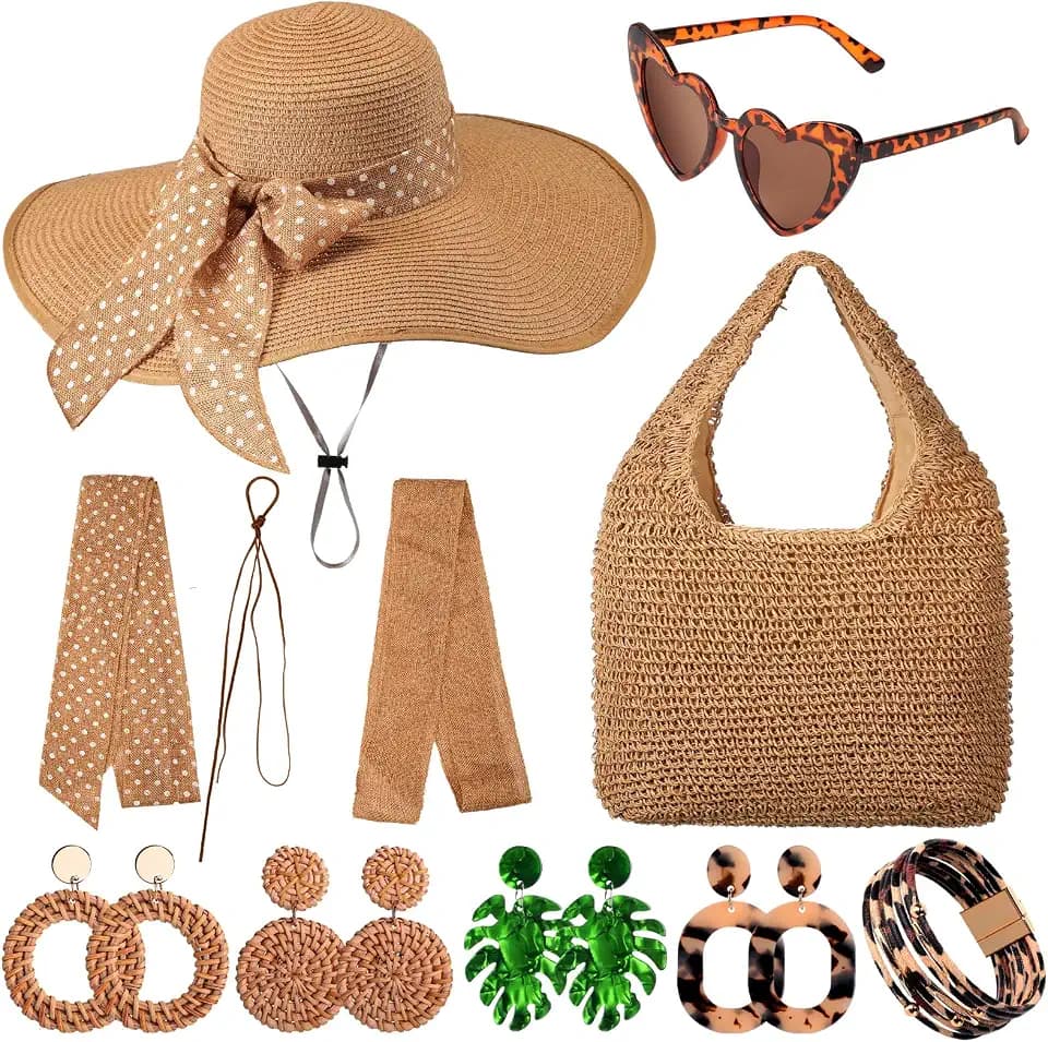 Yahenda 15 Pcs Women Beach Hat and Bag Set with Straw Bag Sunglasses, Boho Earrings Bracelet, Holiday Beach Accessories Outfit Set for Women