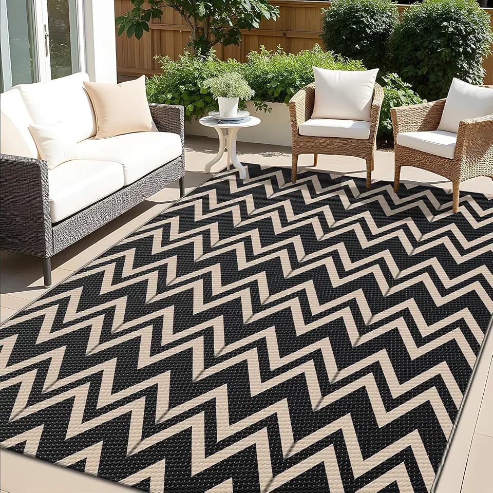 OLANLY Outdoor Rug 5x8 ft Waterproof Reversible Chevron Mat, Black & Beige